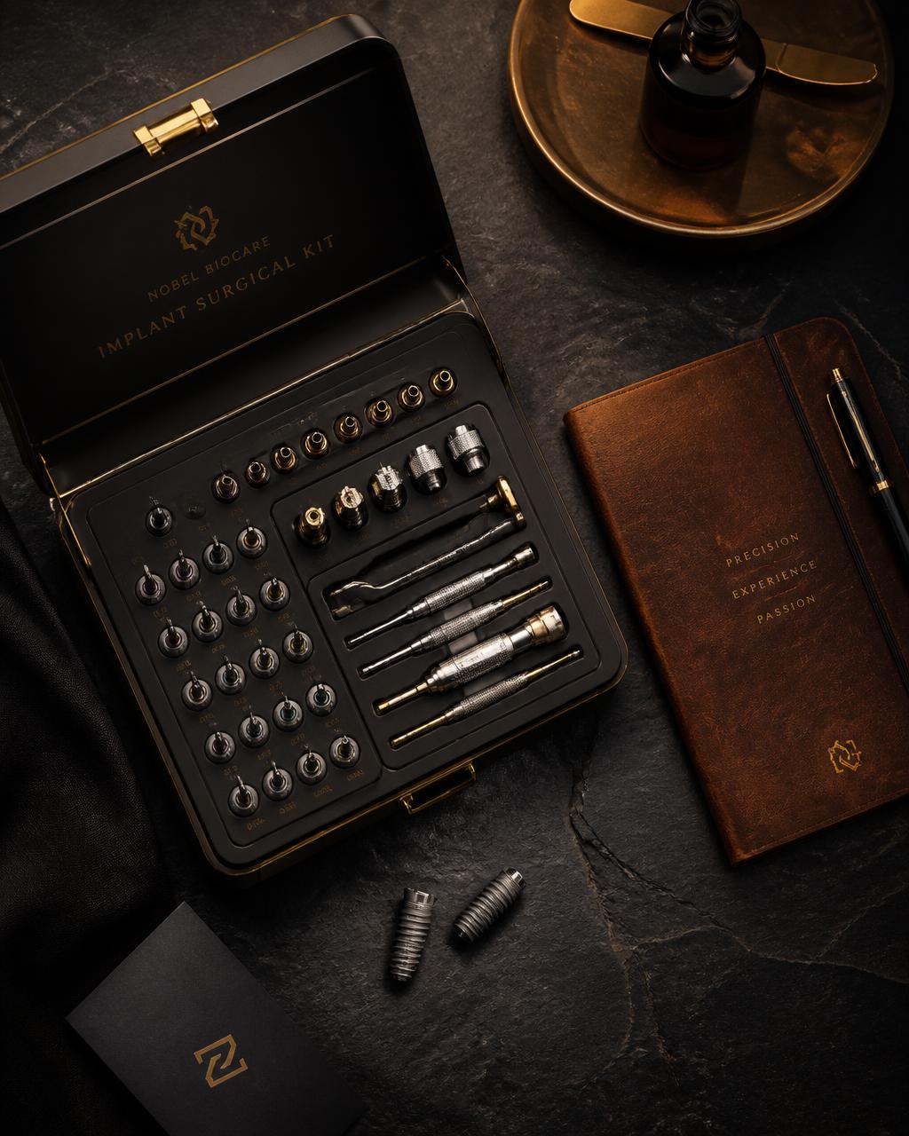 Dental implant surgical kit and clinician's notebook on a dark slate surface